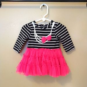Infant Little Me Dress 12m Hot Pink, Black, White stripes ruffles, bow, necklace